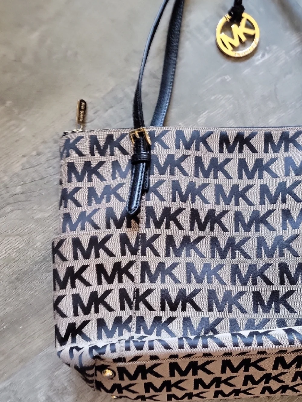 Michael Kors Beige and Black MK Logo Tote with Gold Charm